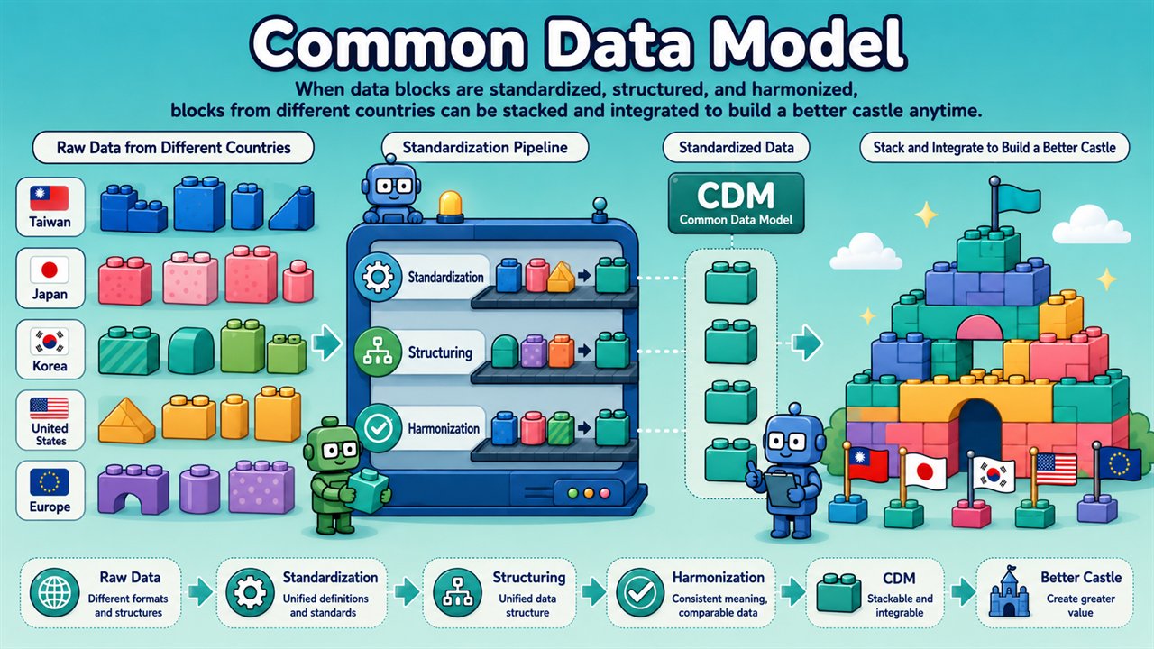 The Common Data Model shown as LEGO bricks: raw-data bricks from Taiwan, Japan, Korea, the United States and Europe pass through a standardization pipeline (standardization, structuring, harmonization) to become the standardized CDM, then stack into a castle. Flow at the bottom: Raw Data, Standardization, Structuring, Harmonization, CDM, Better Castle.