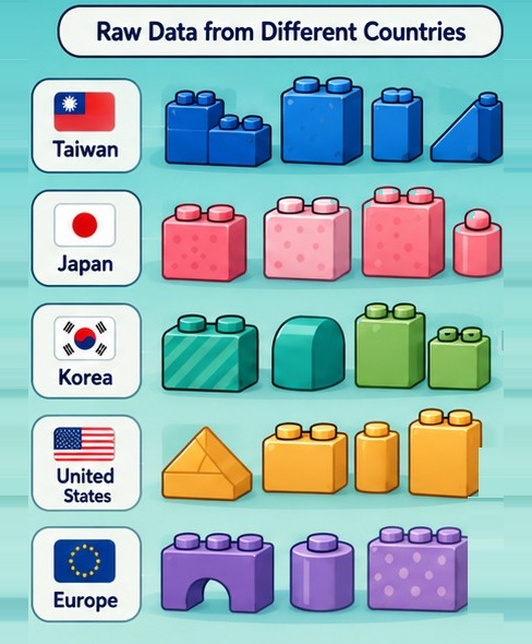 Raw data from different countries shown as assorted LEGO bricks — Taiwan (blue), Japan (pink), Korea (green), United States (orange) and Europe (purple), each a different shape and colour.